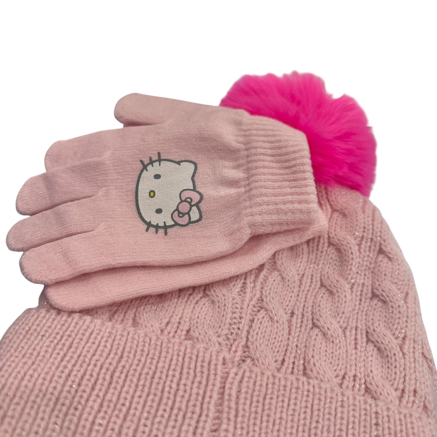 Hello Kitty "All Over Metallic Cable" Beanie & Gloves Set