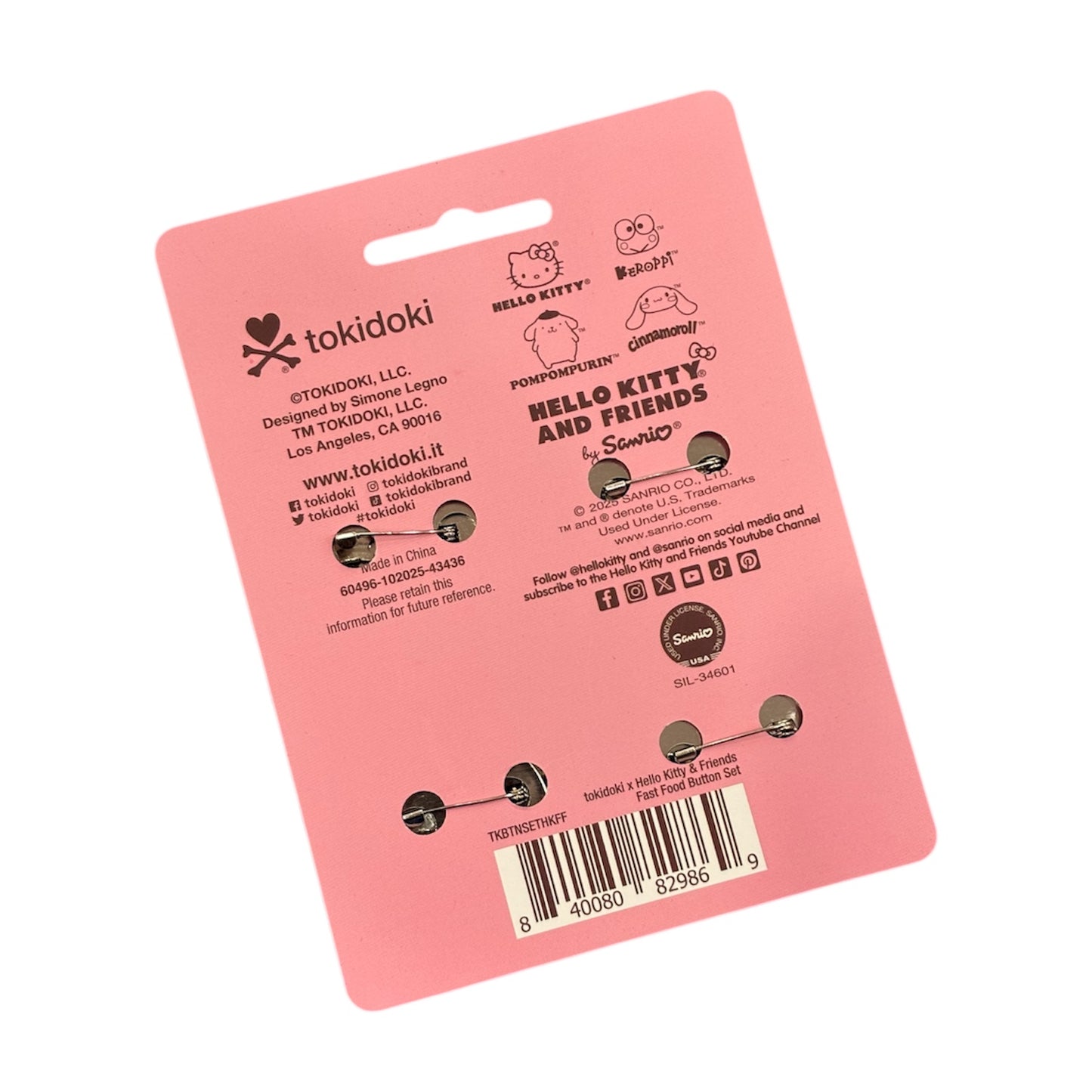 tokidoki x Hello Kitty & Friends "Fast Food" 4 Button Set