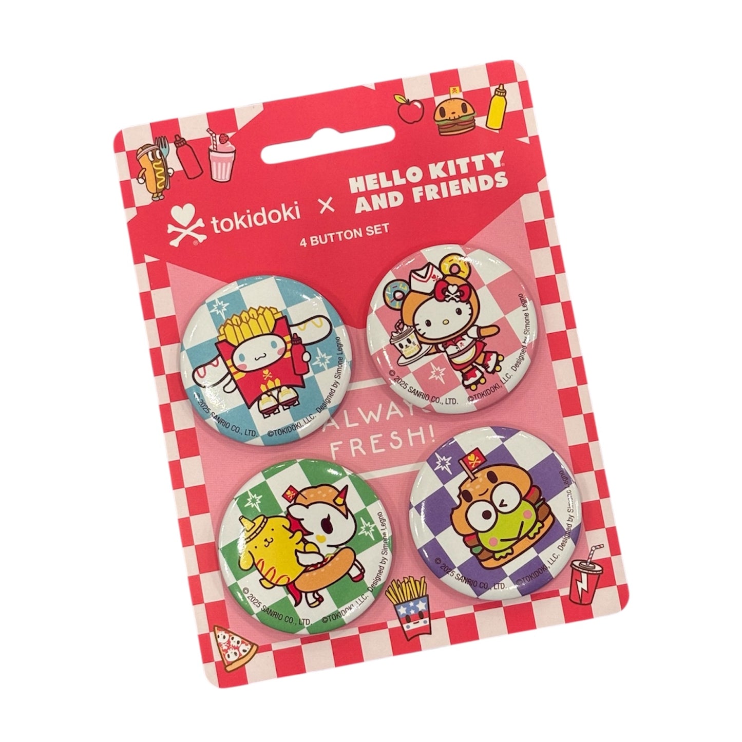 tokidoki x Hello Kitty & Friends "Fast Food" 4 Button Set