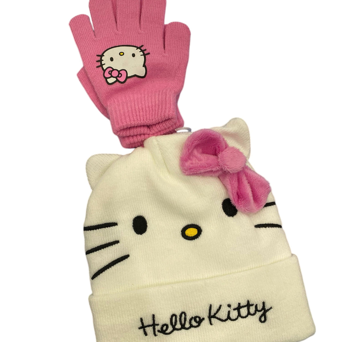 Hello Kitty "Plush Bow Knit Cuff" Hat & Glove Set